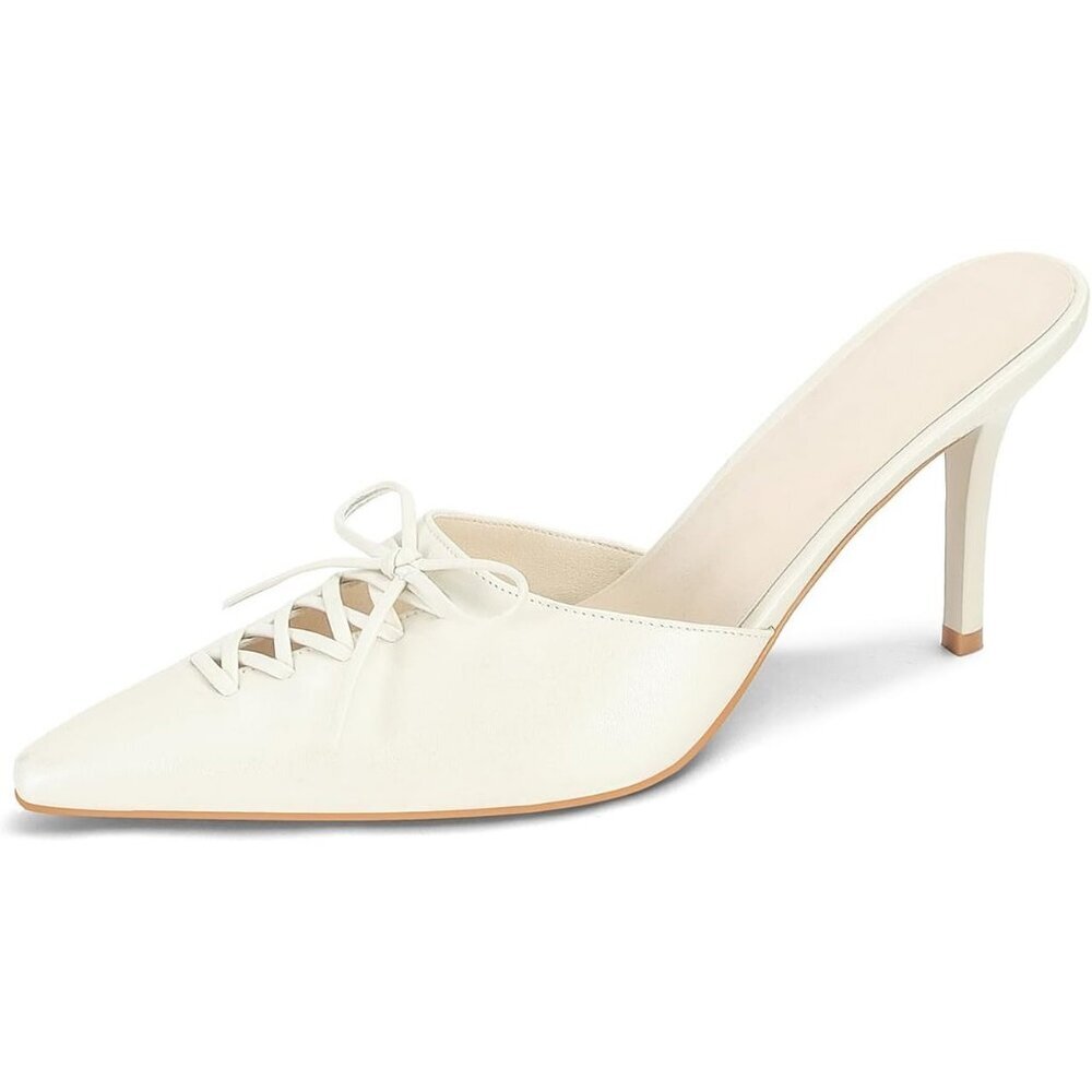 〽️Women's White Dressy Bow Kitten Heels Studded Closed Pointed Toe Pump Shoes